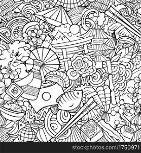Cartoon doodles Japan seamless pattern. Backdrop with Japanese culture symbols and items. Sketchy detailed background for print on fabric, textile, greeting cards, phone cases, scarves, wrapping paper. All objects separate.. Cartoon doodles Japan seamless pattern.