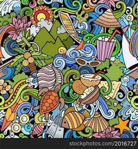 Cartoon doodles Mauritus seamless pattern. Backdrop with Mauritian culture symbols and items. Colorful detailed, with lots of objects background for print on fabric, textile, greeting cards, scarves, wrapping paper. All objects separate.. Cartoon doodles Mauritus seamless pattern.