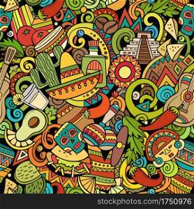 Cartoon doodles Mexico seamless pattern. Backdrop with Mexican culture symbols and items. Colorful detailed background for print on fabric, textile, greeting cards, phone cases, scarves, wrapping paper. All objects separate.. Cartoon doodles Mexico seamless pattern.