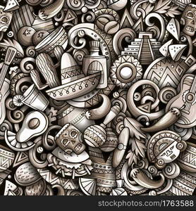 Cartoon doodles Mexico seamless pattern. Backdrop with Mexican culture symbols and items. Monochrome detailed, with lots of objects background for print on fabric, textile, phone cases, wrapping paper.. Cartoon doodles Mexico seamless pattern.