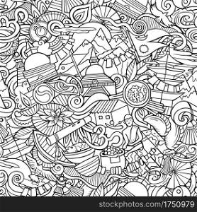 Cartoon doodles Nepal seamless pattern. Backdrop with Asian culture symbols and items. Sketchy detailed background for print on fabric, textile, greeting cards, phone cases, scarves, wrapping paper. All objects separate.. Cartoon doodles Nepal seamless pattern.
