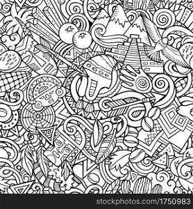 Cartoon doodles Peru seamless pattern. Backdrop with Peruvian culture symbols and items. Sketchy detailed background for print on fabric, textile, greeting cards, phone cases, scarves, wrapping paper. All objects separate.. Cartoon doodles Peru seamless pattern.