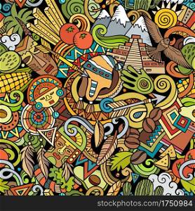 Cartoon doodles Peru seamless pattern. Backdrop with Peruvian culture symbols and items. Colorful detailed background for print on fabric, textile, greeting cards, phone cases, scarves, wrapping paper. All objects separate.. Cartoon doodles Peru seamless pattern.