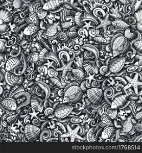 Cartoon doodles Sea Life seamless pattern. Backdrop with underwater symbols and items. Monochrome detailed background for print on fabric, textile, phone cases, wrapping paper. All objects separate.. Cartoon doodles Sea Life seamless pattern.