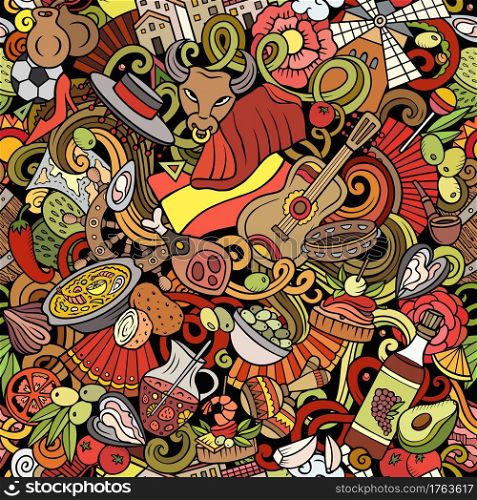 Cartoon doodles Spain seamless pattern. Backdrop with Spanish culture symbols and items. Colorful detailed, with lots of objects background for print on fabric, textile, phone cases, wrapping paper.. Cartoon doodles Spain seamless pattern. Backdrop with Spanish culture items
