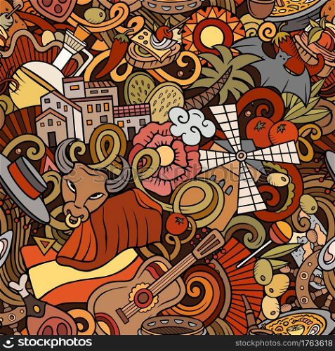 Cartoon doodles Spain seamless pattern. Backdrop with Spanish culture symbols and items. Colorful detailed, with lots of objects background for print on fabric, textile, phone cases, wrapping paper.. Cartoon doodles Spain seamless pattern. Backdrop with Spanish culture items