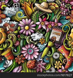 Cartoon doodles Spring seamless pattern. Backdrop with seasonal symbols and items. Colorful detailed background for print on fabric, textile, greeting cards, phone cases, scarves, wrapping paper. All objects separate.. Cartoon doodles Spring seamless pattern.
