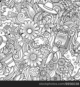 Cartoon doodles Spring seamless pattern. Backdrop with seasonal symbols and items. Sketch detailed background for print on fabric, textile, greeting cards, phone cases, scarves, wrapping paper. All objects separate.. Cartoon doodles Spring seamless pattern.