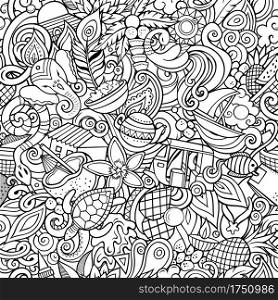 Cartoon doodles Sri Lanka seamless pattern. Backdrop with Sri Lankan culture symbols and items. Sketchy detailed, with lots of objects background for print on fabric, textile, greeting cards, phone cases, scarves, wrapping paper. All objects separate.. Cartoon doodles Sri Lanka seamless pattern.