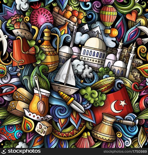 Cartoon doodles Turkey seamless pattern. Backdrop with Turkish culture symbols and items. Colorful detailed background for print on fabric, textile, greeting cards, phone cases, scarves, wrapping paper. All objects separate.. Cartoon doodles Turkey seamless pattern.