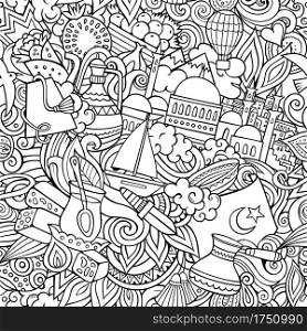 Cartoon doodles Turkey seamless pattern. Backdrop with Turkish culture symbols and items. Sketchy detailed background for print on fabric, textile, greeting cards, phone cases, scarves, wrapping paper. All objects separate.. Cartoon doodles Turkey seamless pattern.