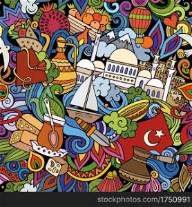Cartoon doodles Turkey seamless pattern. Backdrop with Turkish culture symbols and items. Colorful detailed background for print on fabric, textile, greeting cards, phone cases, scarves, wrapping paper. All objects separate.. Cartoon doodles Turkey seamless pattern.