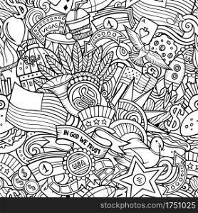 Cartoon doodles USA seamless pattern. Backdrop with American culture symbols and items. Sketchy detailed background for print on fabric, textile, greeting cards, phone cases, scarves, wrapping paper. All objects separate.. Cartoon doodles USA seamless pattern.