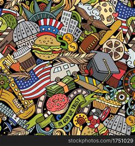 Cartoon doodles USA seamless pattern. Backdrop with American culture symbols and items. Colorful detailed background for print on fabric, textile, greeting cards, phone cases, scarves, wrapping paper. All objects separate.. Cartoon doodles USA seamless pattern.