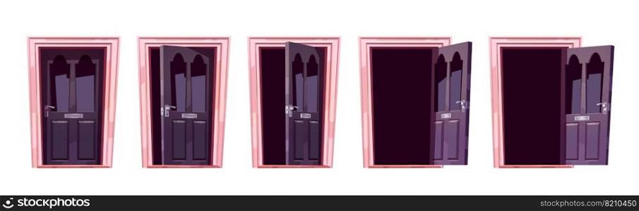 Cartoon door opening motion sequence animation. Close, slightly ajar and open wooden doorways with mail slot and darkness inside. Home facade design element, entrance. Vector illustration, icons set. Cartoon door opening motion sequence animation set