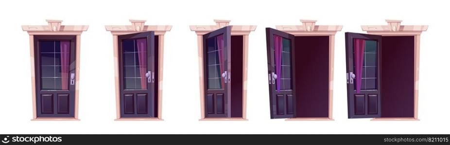 Cartoon door opening motion sequence animation. Close, slightly ajar and open wooden doorways with glass windows, curtain and darkness inside. Home facade, entrance. Vector illustration, icons set. Cartoon door opening motion sequence animation set