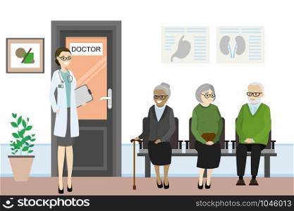 Cartoon door to the doctor&rsquo;s office and old people are waiting,caucasian female nurse in front of the office,flat vector illustration. Cartoon door to the doctor&rsquo;s office and old people are waiting