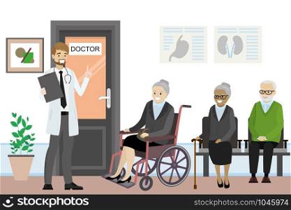 Cartoon door to the doctor&rsquo;s office and old people are waiting,caucasian male nurse in front of the office,flat vector illustration. Cartoon door to the doctor&rsquo;s office and old people are waiting