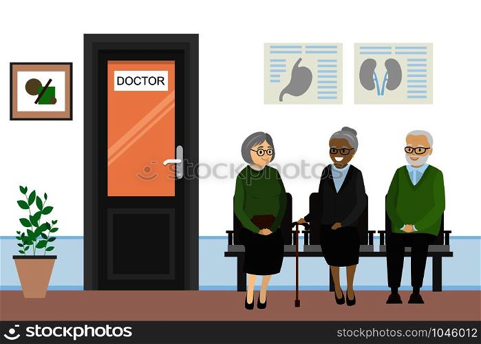 Cartoon door to the doctor&rsquo;s office and the old people are waiting,flat vector illustration. Cartoon door to the doctor&rsquo;s office and the old people are waiti