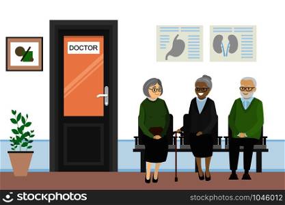 Cartoon door to the doctor&rsquo;s office and the old people are waiting,flat vector illustration. Cartoon door to the doctor&rsquo;s office and the old people are waiti