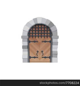 Cartoon door vector icon, medieval wooden gates with stone arch, forged hinges, grating and handles. Fairytale arched entry, palace or castle exterior design element. Cartoon door vector icon, medieval wooden gates