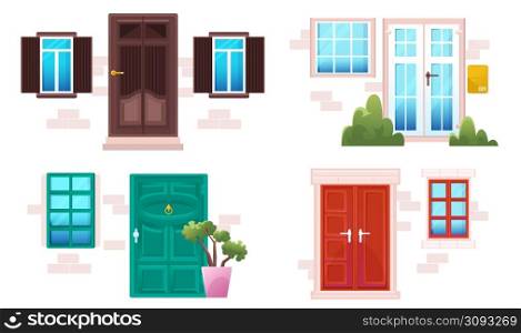 Cartoon doors and windows, house facades in modern or classic style. Wood and glass entries with stone doorjambs at brick wall. Cottage, hotel exterior architecture design Line art vector illustration. Cartoon doors and windows, house facades design