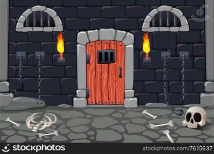 Cartoon doors composition with view of scary dungeon with torches human bones skull and chain fetters vector illustration