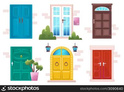 Cartoon doors in modern and classic style. Wooden and glass entries with stone doorjambs, brick wall and handles. Architecture objects, cottage, hotel exterior design elements, Vector illustration set. Cartoon doors in modern and classic style set