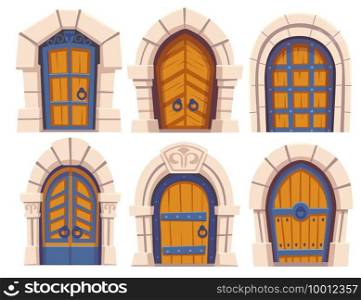 Cartoon doors, medieval castle wooden and stone arched entries to palace. Fairytale vintage building exterior elements with floral forged decoration and ring knobs, vector illustration, icons set. Cartoon doors, medieval castle arched entries set