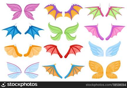 Cartoon dragon fairy tail dragon fairy birds creatures wings. Magical legends animals or creatures flying wing vector illustration set. Fantasy characters wings dinosaur or reptile flying. Cartoon dragon fairy tail dragon fairy birds creatures wings. Magical legends animals or creatures flying wing vector illustration set. Fantasy characters wings