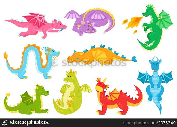 Cartoon dragons, fairy tale dragon breathing fire, flying or sleeping. Cute dragon characters, magical fantasy creatures for kids vector set. Friendly mythical animals with wings and claws. Cartoon dragons, fairy tale dragon breathing fire, flying or sleeping. Cute dragon characters, magical fantasy creatures for kids vector set