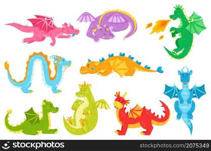 Cartoon dragons, fairy tale dragon breathing fire, flying or sleeping. Cute dragon characters, magical fantasy creatures for kids vector set. Friendly mythical animals with wings and claws. Cartoon dragons, fairy tale dragon breathing fire, flying or sleeping. Cute dragon characters, magical fantasy creatures for kids vector set