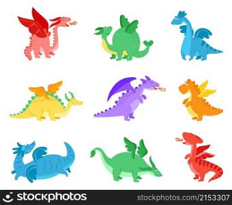 Cartoon dragons. Fairy tale dragon, funny reptile with wings. Cute flying monster. Colorful baby magic creature, fantasy dino vector. Mythological dragon and reptile, fairytale mascot illustration. Cartoon dragons. Fairy tale dragon, funny reptile with wings. Cute flying monster. Colorful baby magic creature, fantasy dino decent vector characters