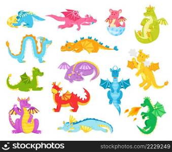 Cartoon dragons, funny fantasy reptiles. Colorful dinos for kids fairytale. Magic characters from medieval mythology or legends breathing fire, flying and sleeping. Cute creatures vector set. Cartoon dragons, funny fantasy reptiles. Colorful dinos for kids fairytale. Magic characters from medieval mythology
