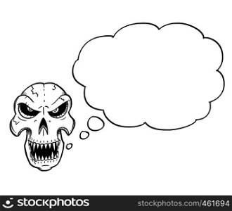 Cartoon drawing conceptual illustration of angry monster skull with sharp teeth looking front with empty speech or text bubble or balloon.. Cartoon Illustration or Drawing of Halloween Skull with Empty Speech Bubble