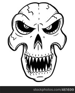 Cartoon drawing conceptual illustration of angry monster skull with sharp teeth looking front.. Cartoon Illustration or Drawing of Halloween Skull