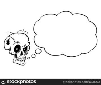 Cartoon drawing conceptual illustration of crazy monster skull with evil eyes with empty speech bubble or text balloon.. Cartoon Illustration or Drawing of Crazy Halloween Skull with Empty Speech Bubble