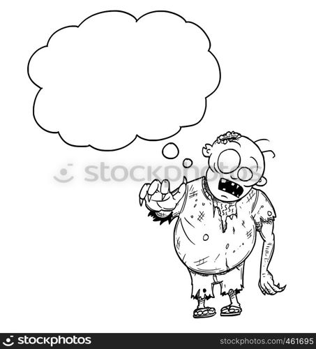 Cartoon drawing conceptual illustration of fat crazy Halloween monster zombie with empty speech bubble or text balloon.. Cartoon Illustration or Drawing of Crazy Halloween Zombie with Empty Speech Bubble