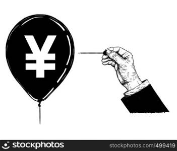 Cartoon drawing conceptual illustration of hand of businessman with needle or pin popping Japanese yen or Chinese yuan currency symbol balloon.. Cartoon Illustration or Drawing of Hand with Needle or Pin Popping Japanese Yen or Chinese Yuan Currency Symbol Balloon