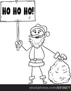 Cartoon drawing illustration of Christmas Santa Claus holding bag of gifts and Ho Ho Ho words sign.