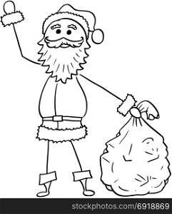 Cartoon drawing illustration of Christmas Santa Claus holding bag of gifts and waving his hand.