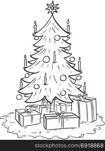 Cartoon drawing illustration of Christmas spruce or fir tree with gifts or presents around.