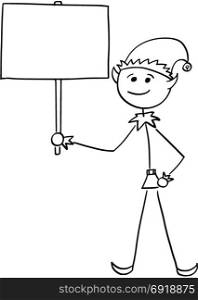Cartoon drawing illustration of smiling Christmas Santa Claus Elf holding empty blank sign.