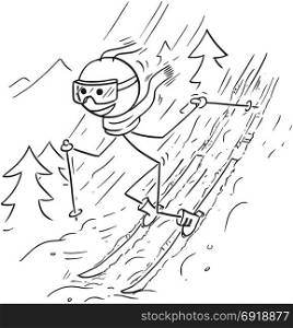 Cartoon drawing illustration of stick man doing extreme ski on snow in mountains.