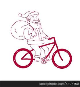 Cartoon drawing sketch style illustration of Santa Claus riding a bike bicycle holding bag of presents gifts on shoulder viewed from side on isolated background.. Santa Claus Riding Bicycle Side Cartoon