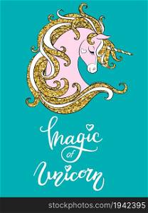 Cartoon dreaming unicorn with text Magic of unicorn. Vector llustration with golden color isolated on turquoise. For sticker, design, decoration, print, baby shower, t-shirt, dishes and kids apparel. Dreaning cartoon unicorn vector illustration golden turquoise