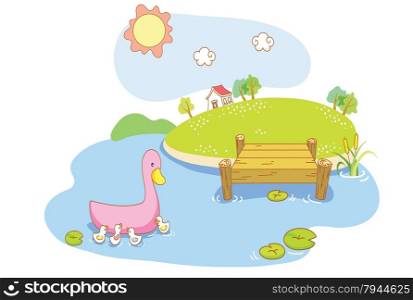 cartoon duck and ducklings with island background