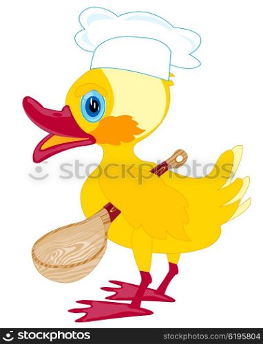 Cartoon duckling with spoon. Cartoon duckling cook with spoon on white background