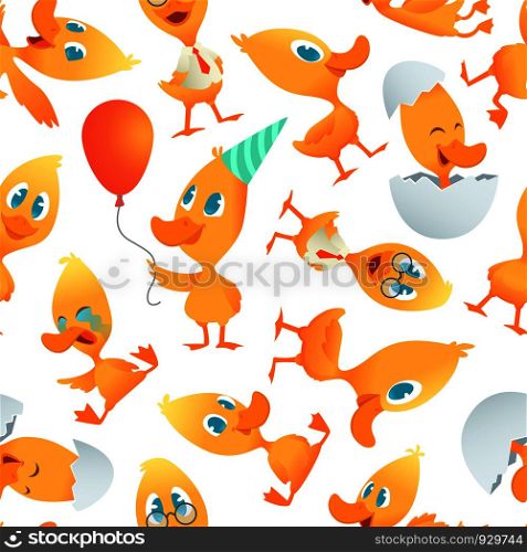 Cartoon ducks pattern. Seamless background with cartoon funny birds. Vector bird mascot character, wildlife mammal duckling illustration. Cartoon ducks pattern. Seamless background with cartoon funny birds