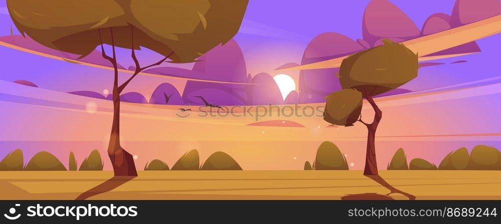 Cartoon dusk nature landscape green field with grass and trees under sky with sun at purple fluffy clouds with flying birds, picturesque sunset scenery background, tranquil scene, Vector illustration. Cartoon dusk nature landscape green field scene